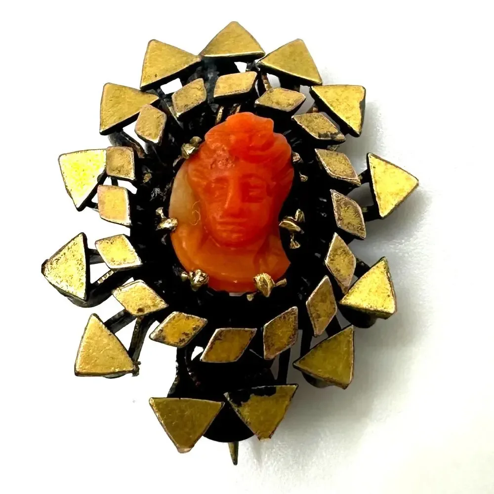 Antique Victorian 1800s gold filled carved red coral cameo dainty tiny brooch
